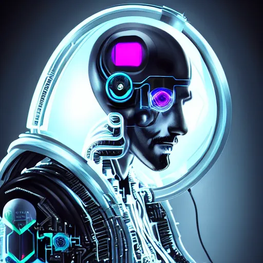 Prompt: a portrait of a evil cybernetic headphones in glass armor releasing spell, full height, moving forward, cyberpunk concept art, trending on artstation, highly detailed, intricate, sharp focus, digital art, 8 k