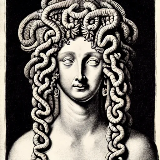 Image similar to portrait of the gorgon medusa, drawing, highly detailed, - h 7 0 4, upscaled