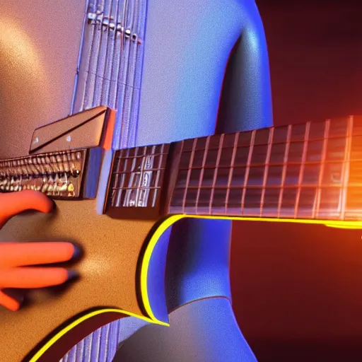 Prompt: photo from behind of a high tech solider holding a electric guitar in shotting position, 8k, highly detailed, unreal engine, ultra realistic