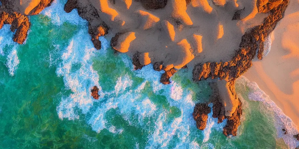 Image similar to a beach between two valley, sun set, digital art, highly detailed, drone wide shot