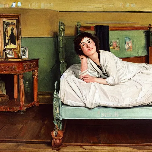 Image similar to painting of ema stone on a victorian bed in a big old room, wide shot by lucian freud