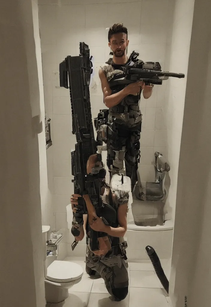 Image similar to jesus christ posing on instagram in his bathroom with an m 1 6