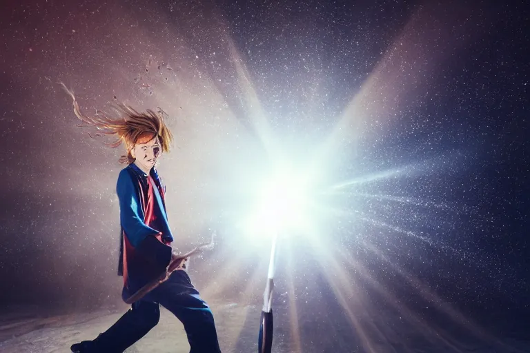 Image similar to a young adult wizard with very detailed face, hair clothes and shoes points their wand fiercely from which a blast of bright magic flies from the end of the wand, on an empty moonlit hill, dramatic lighting, lens flare, 3 5 mm full frame professional photography, kodachrome