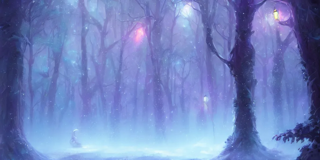Prompt: beautiful concept art of a magical lights glowing with different colours everywhere in the centre of blizzard in an enchanted beautiful forest painted by Daisuke Tsutsumi, fantasy art, Disney art illustration, trending on artstation, cgsociety, nice composition, great fantasy mood