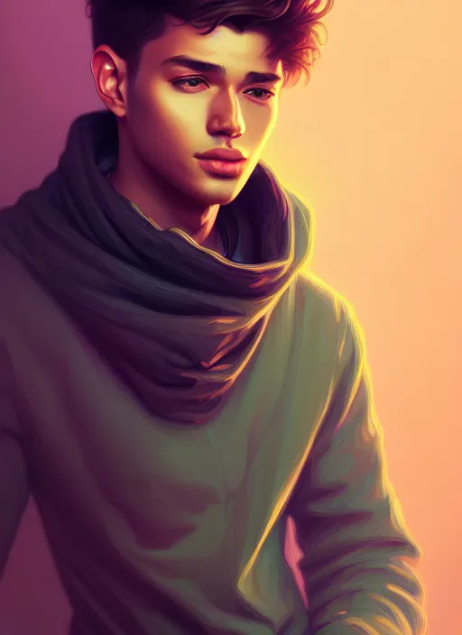 Image similar to handsome young man with black medical, half body shot, path traced, highly detailed, high quality, digital painting, alena aenami, lilia alvarado, shinji aramaki, karol bak, alphonse mucha, tom bagshaw