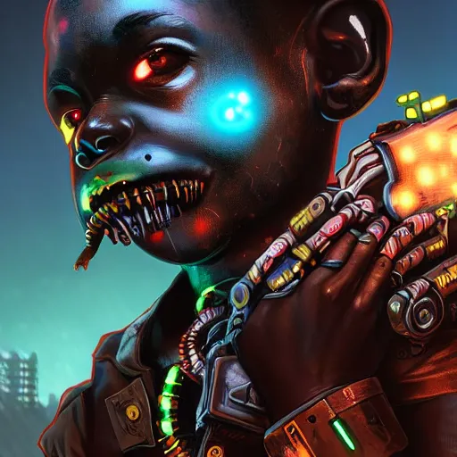 Image similar to a dark and ominous cyborg african child soldier with glowing eyes and a mechanical lower jaw with sharp teeth, neon graffiti, Apex Legends character digital illustration portrait design, by android jones and greg rutkowski in a cyberpunk voodoo style, retrowave color scheme, detailed, cinematic lighting, wide angle action dynamic portrait