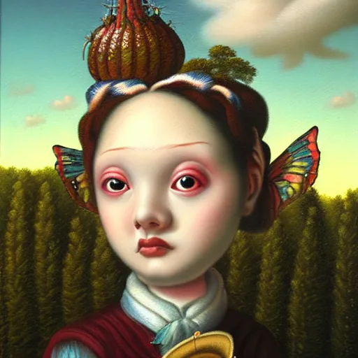 Image similar to a beautiful detailed portrait painting by Mark Ryden of the crazy noble in a serene landscape, rococo