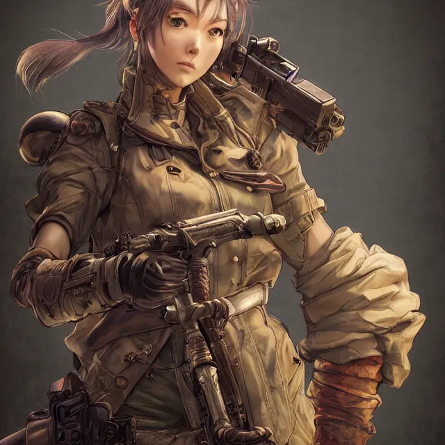 Image similar to the portrait of lawful neutral semi - colorful female infantry gunner as absurdly beautiful, gorgeous, elegant, young anime woman, an ultrafine hyperdetailed illustration by kim jung gi, irakli nadar, intricate linework, bright colors, octopath traveler, final fantasy, unreal engine 5 highly rendered, global illumination, radiant light, detailed and intricate environment