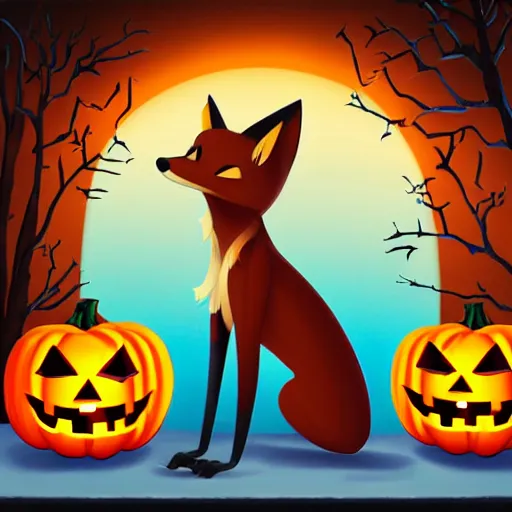 Image similar to An stern posing anthropomorphic fox wearing Halloween-themed black and orange lab coat, casting a spell in a dimly lit laboratory, digital art