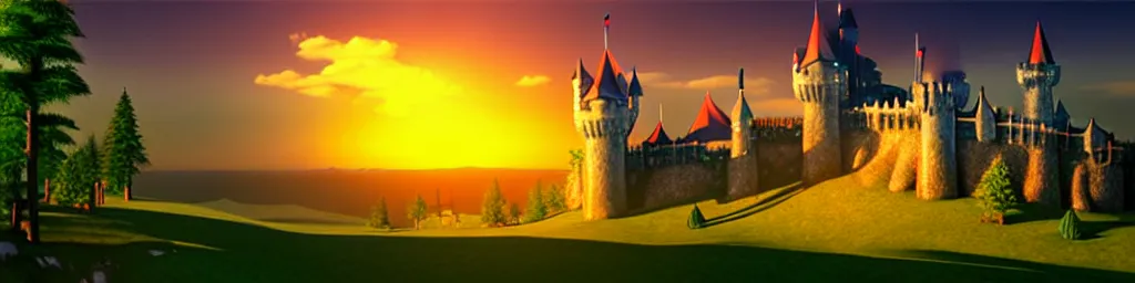 Prompt: a beautiful digital matte painting background of a fantasy castle, summer, sunset, forest, landscape - scenery, flat, low poly