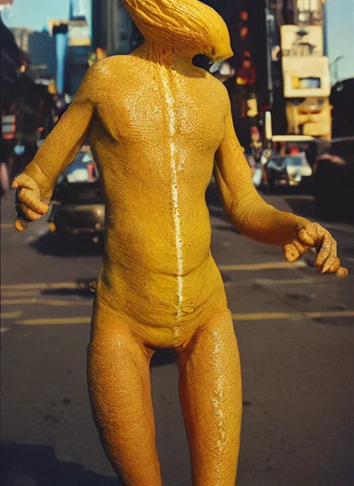 Image similar to photorealistic photograph of a banana / human hybrid creature, 3 5 mm film, fuji, leica s, nyc, in the style of fashion photography, intricate, golden hour sunlight, kodachrome