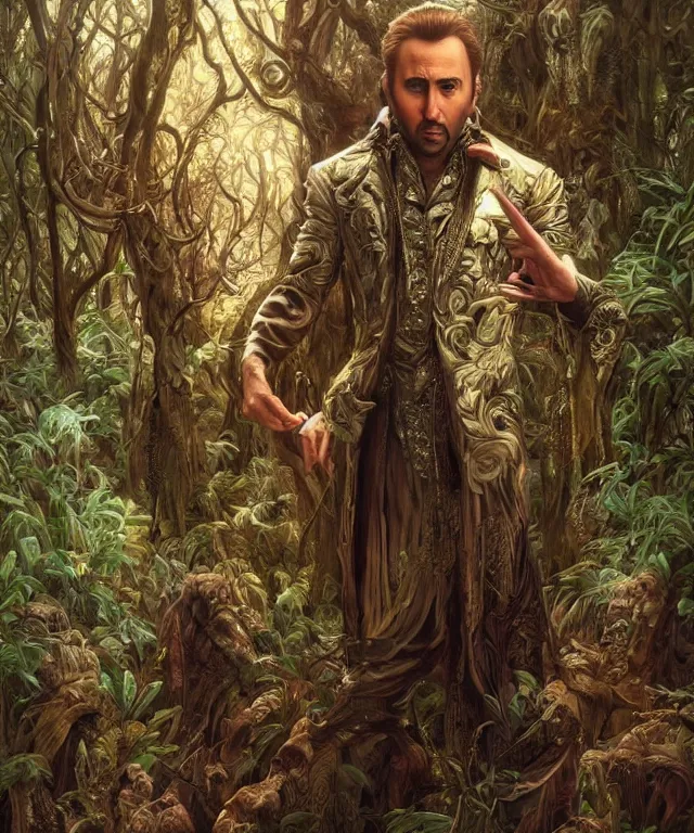 Prompt: epic full body portrait of Nicolas Cage fantasy, intricate, elegant, highly detailed, nicolas cage, nic cage, nicolas cage, digital painting, artstation, concept art, smooth, sharp focus, illustration, deep forest on background, art by artgerm and greg rutkowski and alphonse mucha,