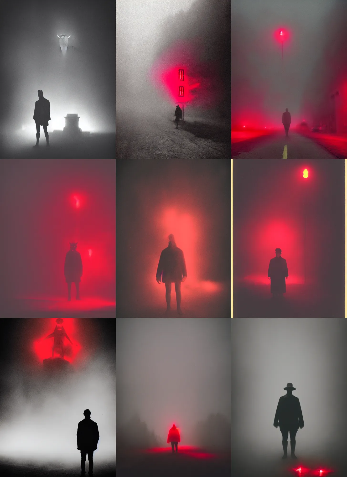 Prompt: photograph of a creature by matt dangler, scary, red lights, 1 9 1 6, fog, atmospheric