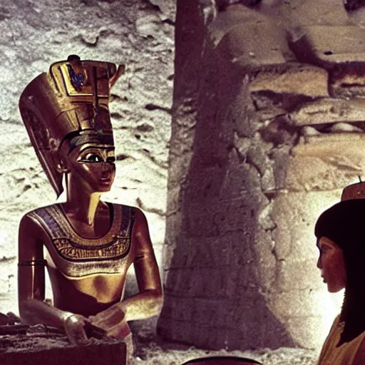 Prompt: a rare candid scene taken of the actors playing young queen nefertiti and tutankhamun at the construction of the khufu pyramid talking to workers from the latest award winning ron howard film before they were pharohes, dslr