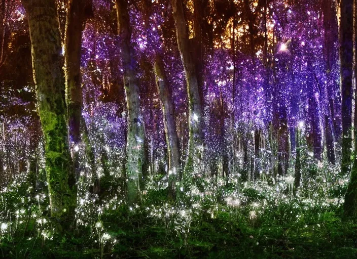 Image similar to a magical forest with crystal flowers that glow in the dusk,