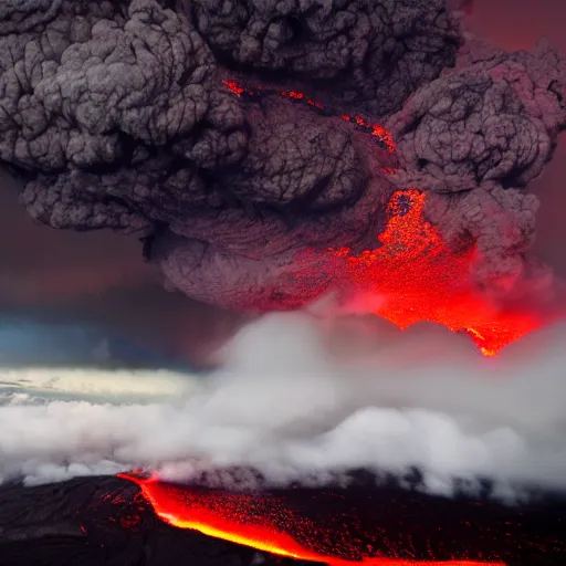 Image similar to volcanic storm clouds raining bright lava from the sky, 8k photorealistic, dramatic lighting, chiaroscuro