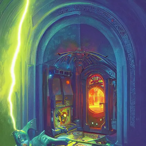 Prompt: arcade cabinet sitting in demonic portal, surrounded by lightning, by greg hildebrandt, marc simonetti and jeffrey smith, vibrant colors