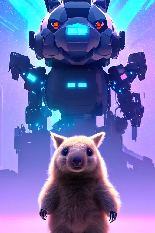 Image similar to high quality 3 d render sci - fi very cute mecha & fluffy! wombat!! hybrid! fighting, highly detailed, unreal engine cinematic smooth, in the style of blade runner & detective pikachu, hannah yata charlie immer, dark blue neon light, low angle, uhd 8 k, sharp focus