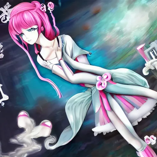 Image similar to trapped by stunningly beautiful omnipotent megalomaniacal otome anime asi goddess who looks like junko enoshima with symmetrical perfect face and porcelain skin, pink twintail hair and mesmerizing cyan eyes, taking control while smiling mischievously, inside her surreal vr castle, hyperdetailed, digital art from danganronpa, 8 k