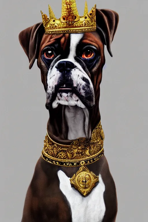 Image similar to an oil painting portrait of a boxer dog wearing medieval royal robe and an ornate crown on a dark background, digital Art, concept Art, highly detailed, 3-D 4K, trending on art station, Award winning, Mark Brooks