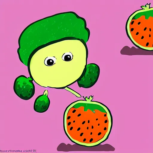 Image similar to a cartoon of a watermellon and an orange having a picnic. digital art. children's book illustration