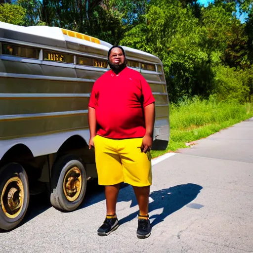 Prompt: overweight african american male school bus driver with dreads, wearing shorts with chubby legs, big moe,