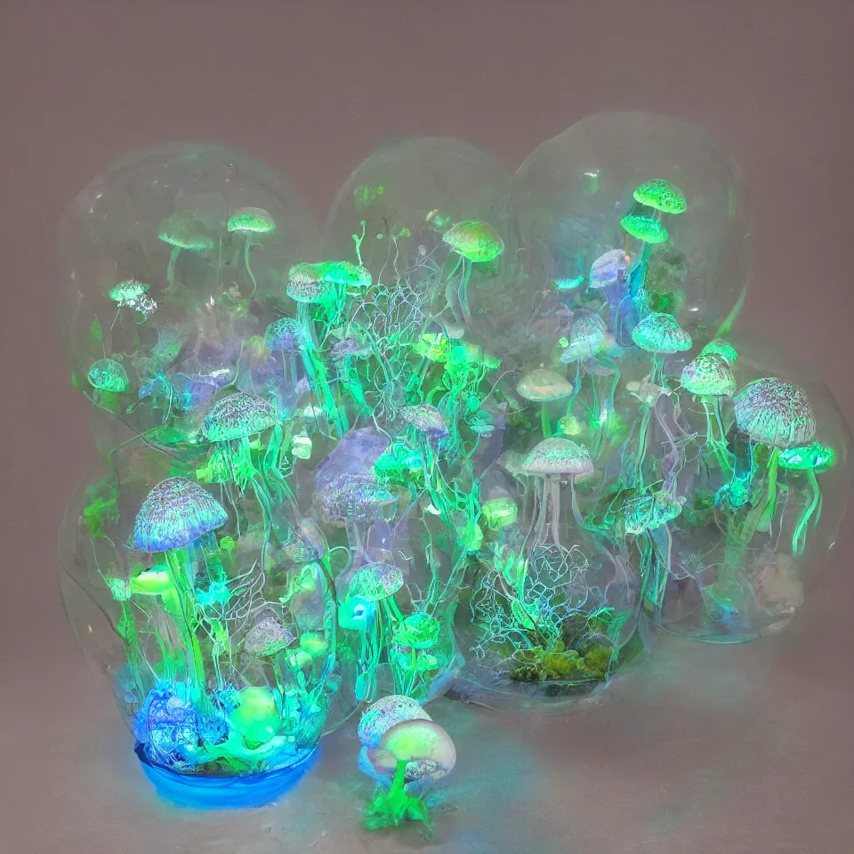 Image similar to a terrarium of bioluminescent jellyfish like mushrooms with veins