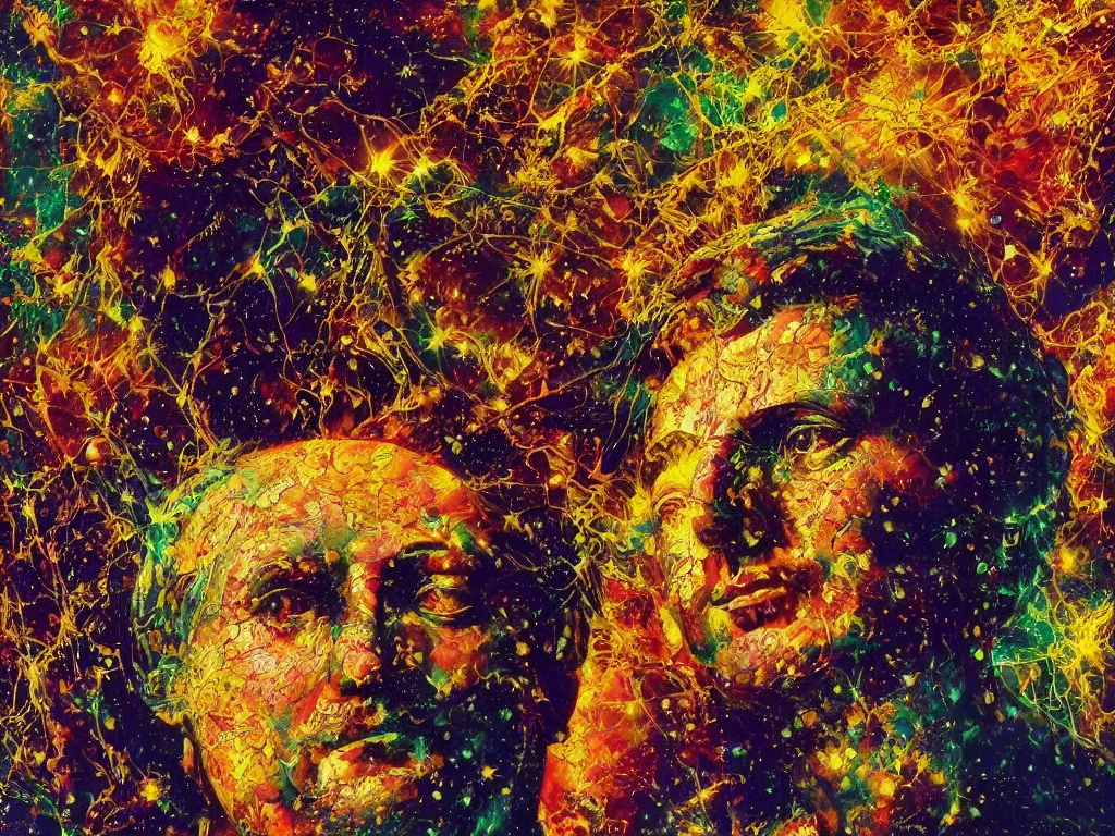 Prompt: hyperrealistic still life painting of a 3d greek statue of a roman emperor in deep space, wrapped in fabric and gently smiling, surrounded by refracting rainbow prisms in a tesseract, botanical print, surrealism, vivid colors, serene, golden ratio, sacred geometry, abstract impasto brushtrokes, by Caravaggio