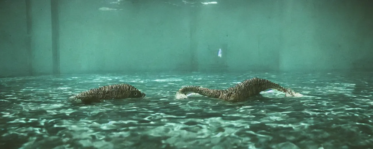 Image similar to an ultra wide colour 3 5 mm film photo of a terrifying half reptile half humanoid hybrid creature, hunting underwater in a public swimming pool, liminal spaces, ritual occult gathering, film grain