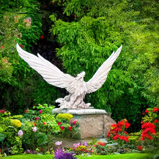 Prompt: a realistic depiction of a phoenix if it existed in real life inside a beautiful cottagecore styled garden outside the home of a rich king, national geographic, photography, high resolution