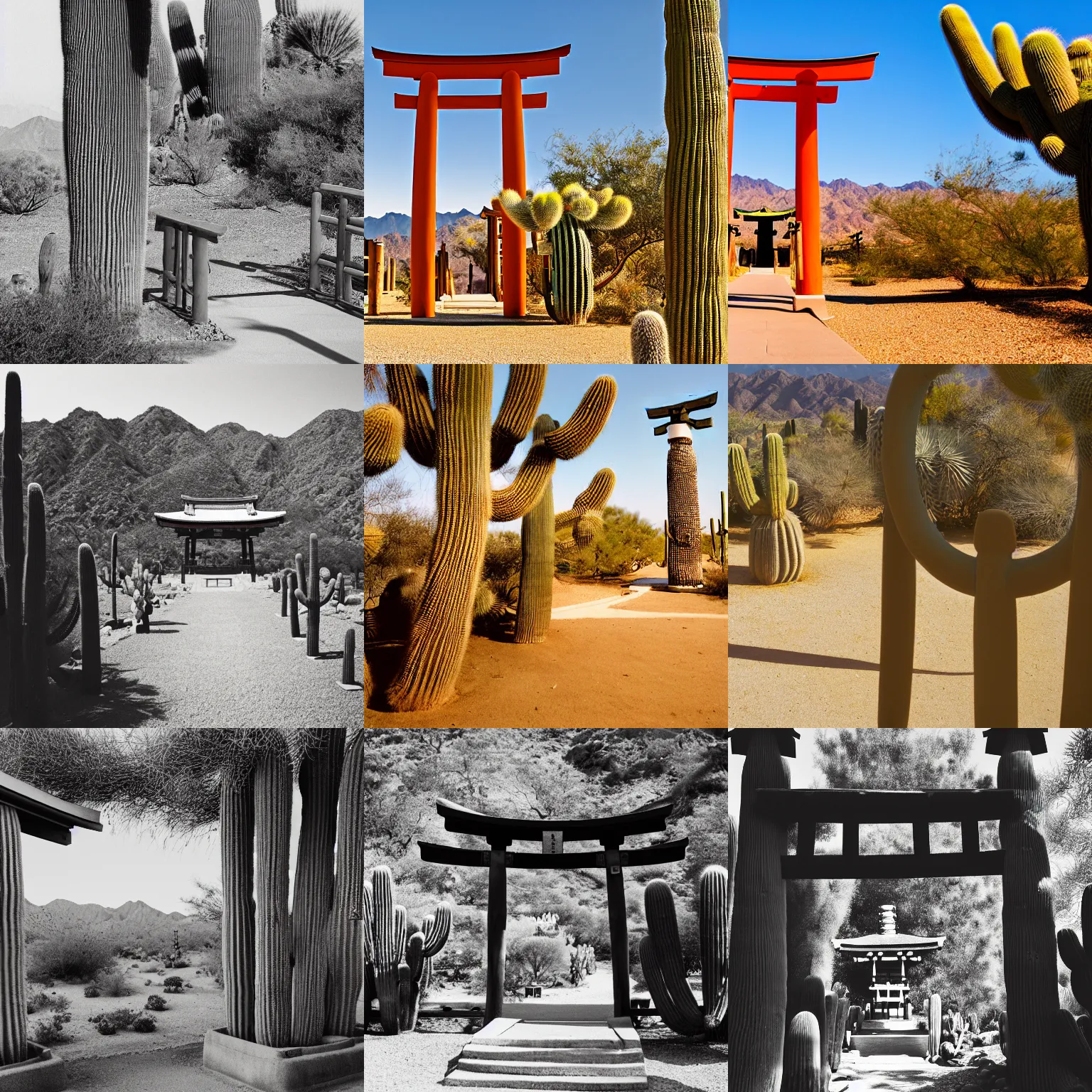 Prompt: a shinto shrine in the desert, a pair of saguaro cactus at the entrance, view from outside the torii gate, morning, film grain, perspective correction