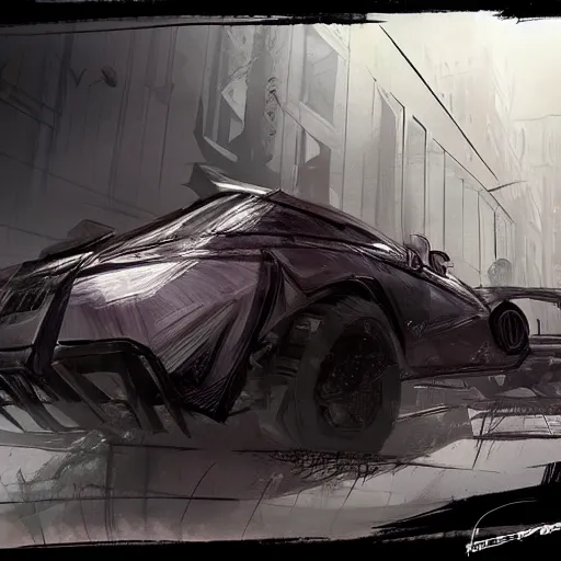 Image similar to concept art of a car in the style of dishonored game