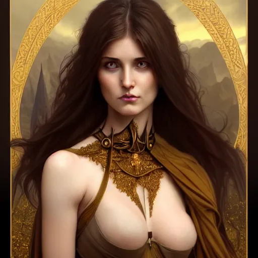 Image similar to brown haired demoness medium portrait, gentle, female, city landscape, norway, d & d, fantasy, intricate, elegant, highly detailed, digital painting, brown and gold color palette, artstation, octane render, concept art, matte, sharp focus, illustration, herrarthstone, art by artgerm and greg rutkowski and alphonse mucha