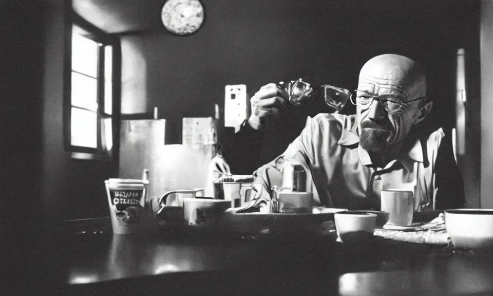 Prompt: 3 5 mm film still, walter white having a coffee break in space