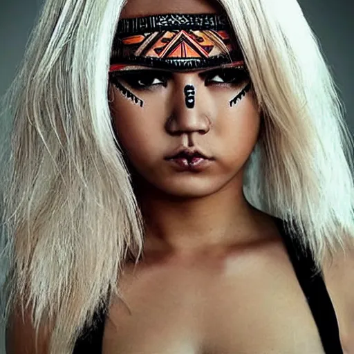 Image similar to hot tribal warrior cute girl big eyes pouty lips tanned skin white hair