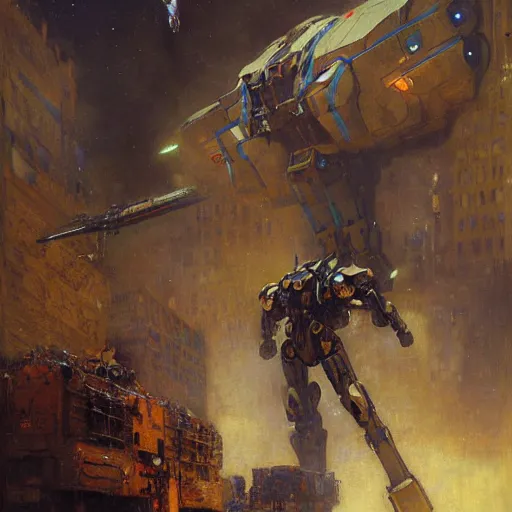 Image similar to six meters tall mech fighting in an urban environment, epic action scene, by gaston bussiere craig mullins jc leyendecker gustav klimt artgerm greg rutkowski john berkey, bergey, craig mullins, ruan jia, raymond swanland, jeremy mann, tom lovell, alex malveda