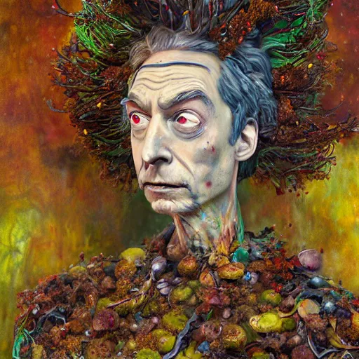 Prompt: portrait of rick and morty with intricate detailed color smashing fluid oil paint and acrylic on the body, berries and dried moss and dried autumn leaves headdress, haunting, elite, elegant, melting wax, mycelia, abstract impressionism, ruan jia, dark fantasy, hyper detailed, concept art, by gustav klimt,