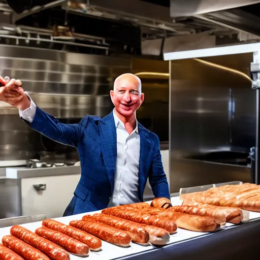 Image similar to jeff bezos launching a new type of sausage, smiling, happy, product launch, sausage, food photography, announcement, canon eos r 3, f / 1. 4, iso 2 0 0, 1 / 1 6 0 s, 8 k, raw, unedited, symmetrical balance, wide angle