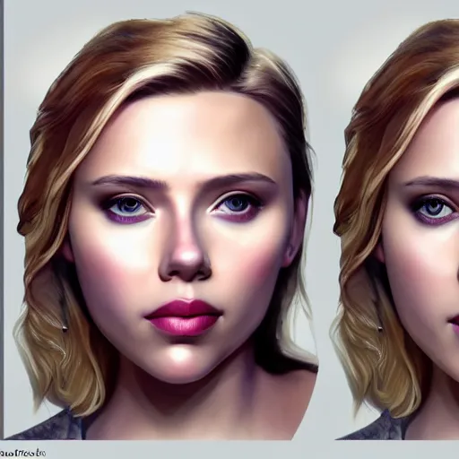 Image similar to Scarlett Johansson and Elizabeth Olsen crossbreed, illustrated and rendered by Xie Boli, trending on artstation, 4k, 8k, photorealistic imagery, photorealistic details, intricate, highly detailed