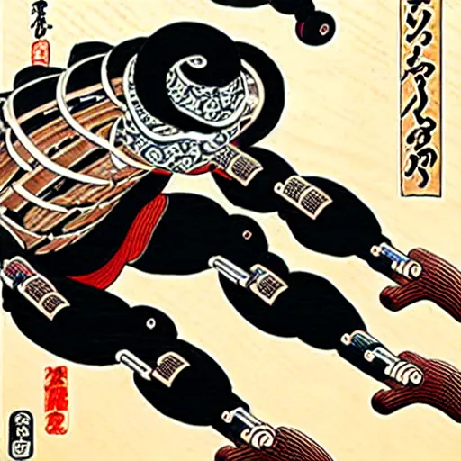 Image similar to biomechanical ukiyo - e woodblock, very detailed, hyperrealistic