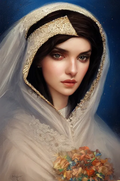 Image similar to ameera al taweel woman , bright blue eyes, wavy black hair, white veil, closeup, cinnamon skin color, elegant, highly detailed, centered, oil painting, artstation, concept art by tom bagshaw