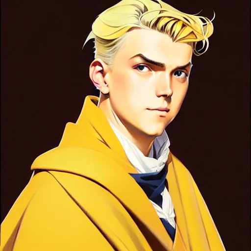 Prompt: blonde boy with yellow eyes wearing a brown cape, in the style of studio ghibli, j. c. leyendecker, greg rutkowski, artgerm