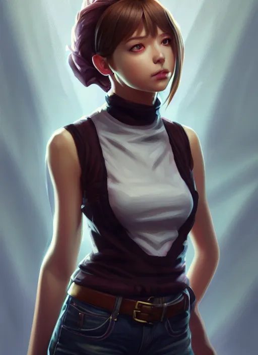 Image similar to portrait of a full body of beautiful young female detective, d & d, sleeveless turtleneck, fantasy, flat lighting, intricate, highly detailed, digital painting, artstation, concept art, smooth, sharp focus, illustration, misa amane, art by simon bisley and greg rutkowski and alphonse mucha, natural tpose