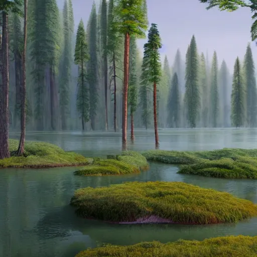 Image similar to a painting of a landscape with trees and a body of water, a detailed matte painting by Stanley Twardowicz, featured on polycount, ecological art, rendered in unreal engine, matte painting, unreal engine 5