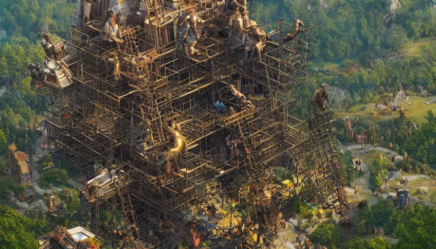 Image similar to dwarves building a giant golden statue with scaffolding in the heart of green mountains,, hyperdetailed, artstation, cgsociety, 8 k