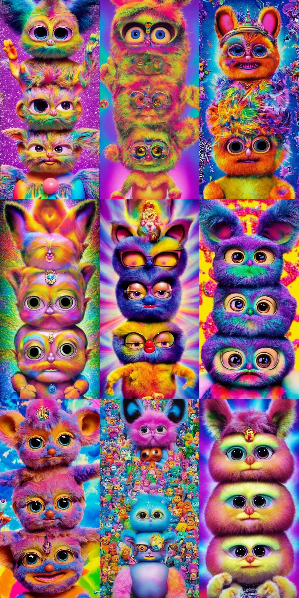 Prompt: hyperreal hindu furby god, kawaii high definition lifelike portrait art on 35mm film by Lisa Frank, Akira Toriyama and Salvador Dali