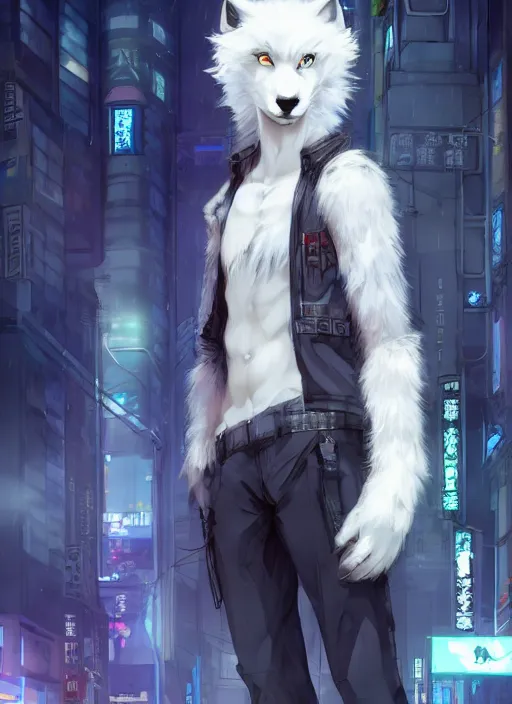 Image similar to character portrait of a male anthro white wolf fursona with a tail and a cute beautiful attractive furry face wearing stylish cyberpunk clothes in a cyberpunk city at night while it rains. hidari, color page, tankoban, 4K, tone mapping, Akihiko Yoshida.