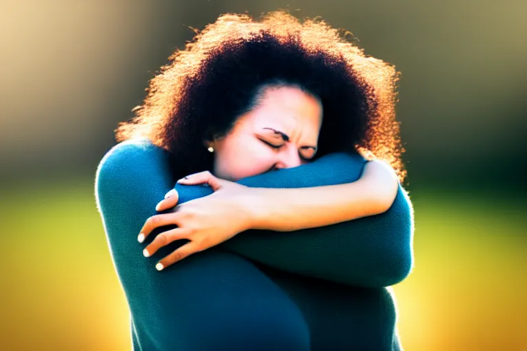 Image similar to a full shot of a woman hugging herself