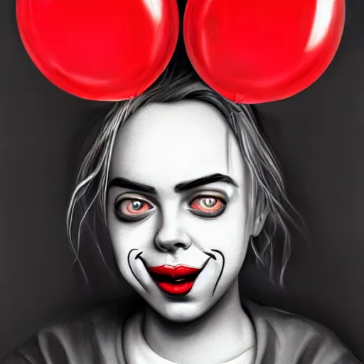 Prompt: surrealism grunge cartoon portrait sketch of billie eilish with a wide smile and a red balloon by - michael karcz, loony toons style, pennywise style, horror theme, detailed, elegant, intricate, trending on artstation, 4k