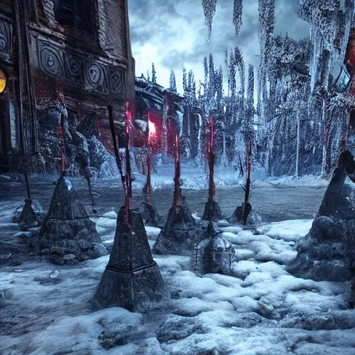 Image similar to highly detailed bloody ice spikes are errupting from the ground by magic, a group of knights in plate - armor impalent by bloody stakes, horrible death on the spot, gloomy lights in the sky, octane render, unreal engine, hyperrealistic